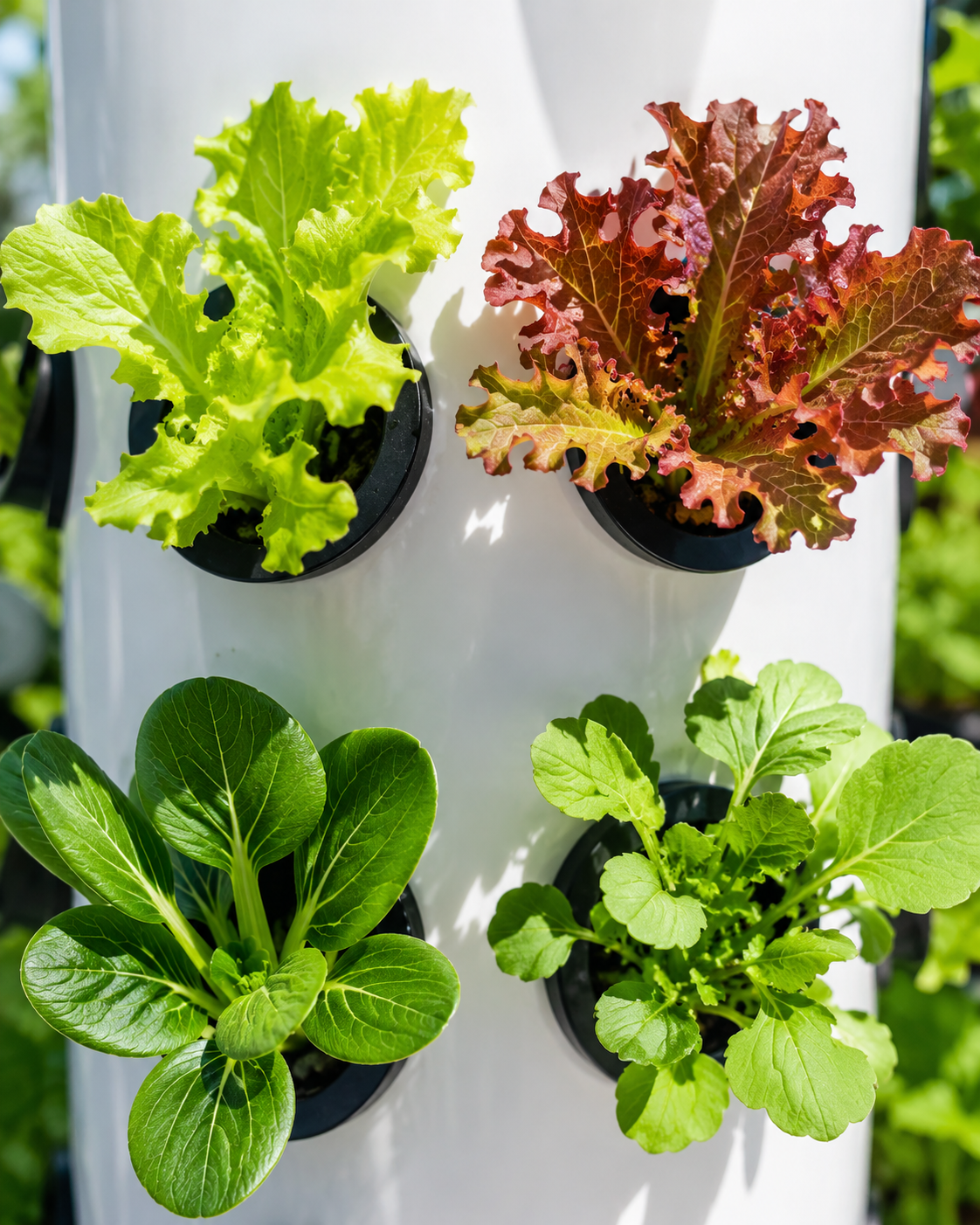 Leafy greens varieties growing in a vertical tower