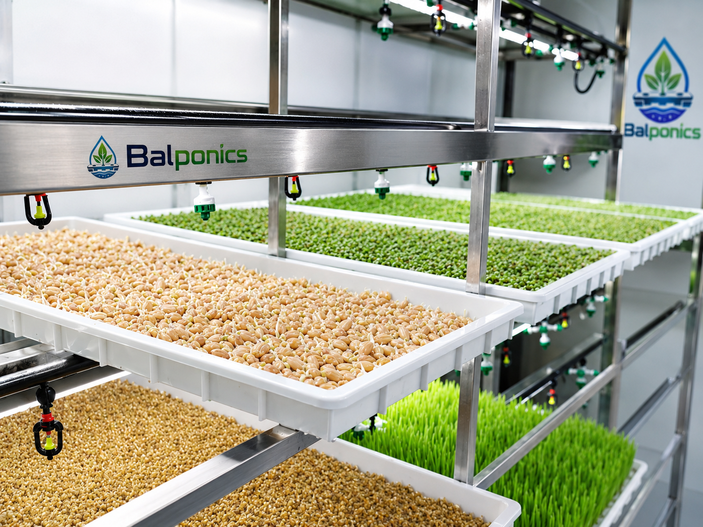Microgreens trays under irrigation in a controlled room