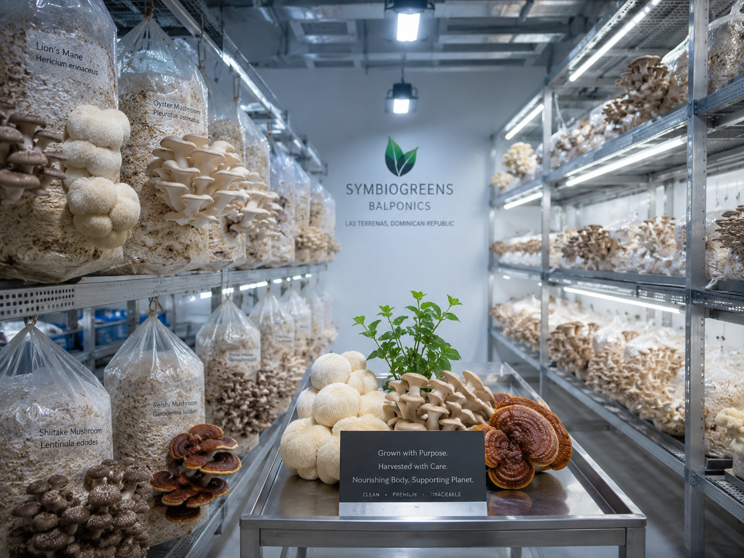 Gourmet mushroom grow room with oyster and lion's mane mushrooms