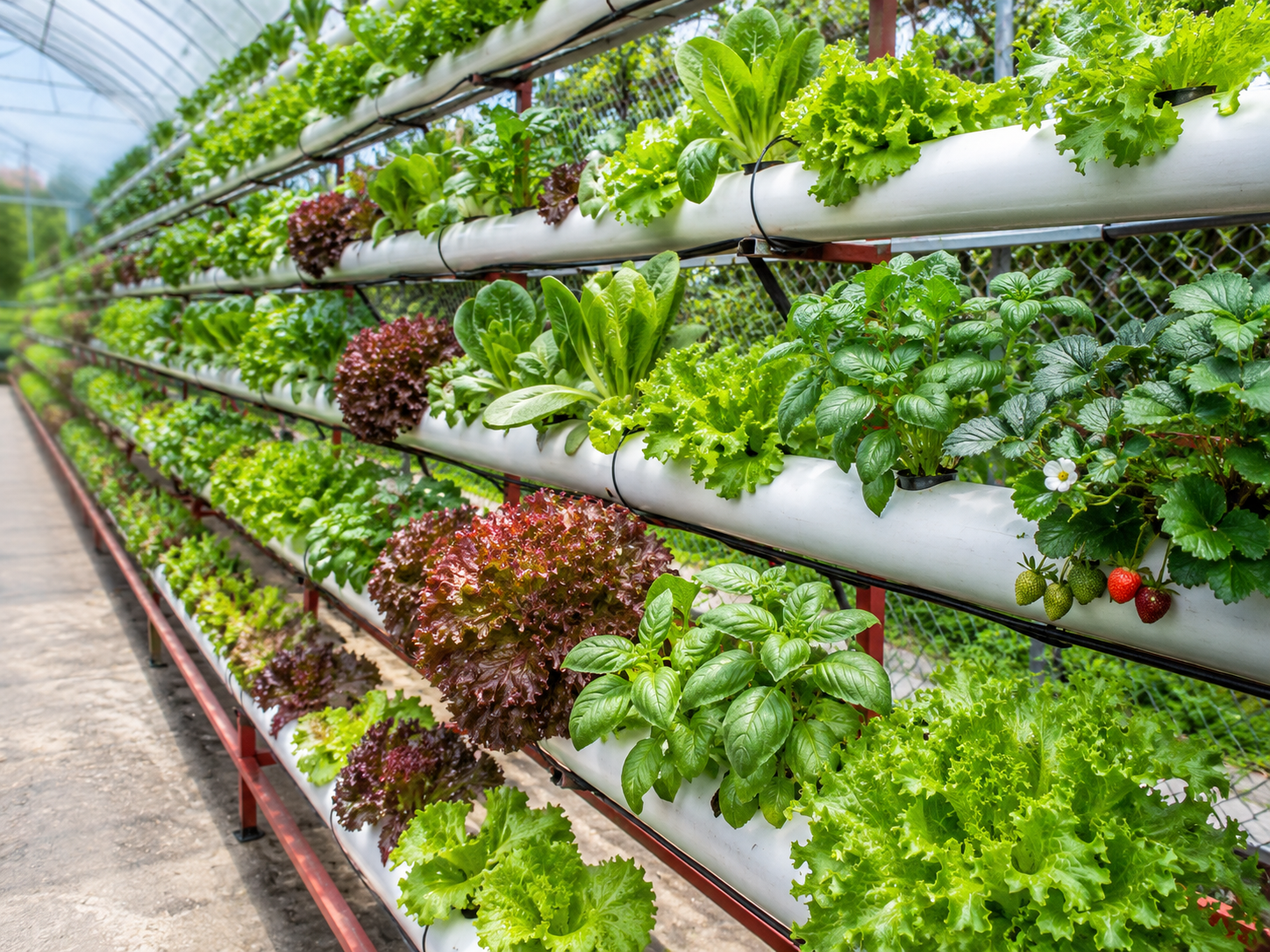 NFT hydroponic channels with herbs and leafy crops