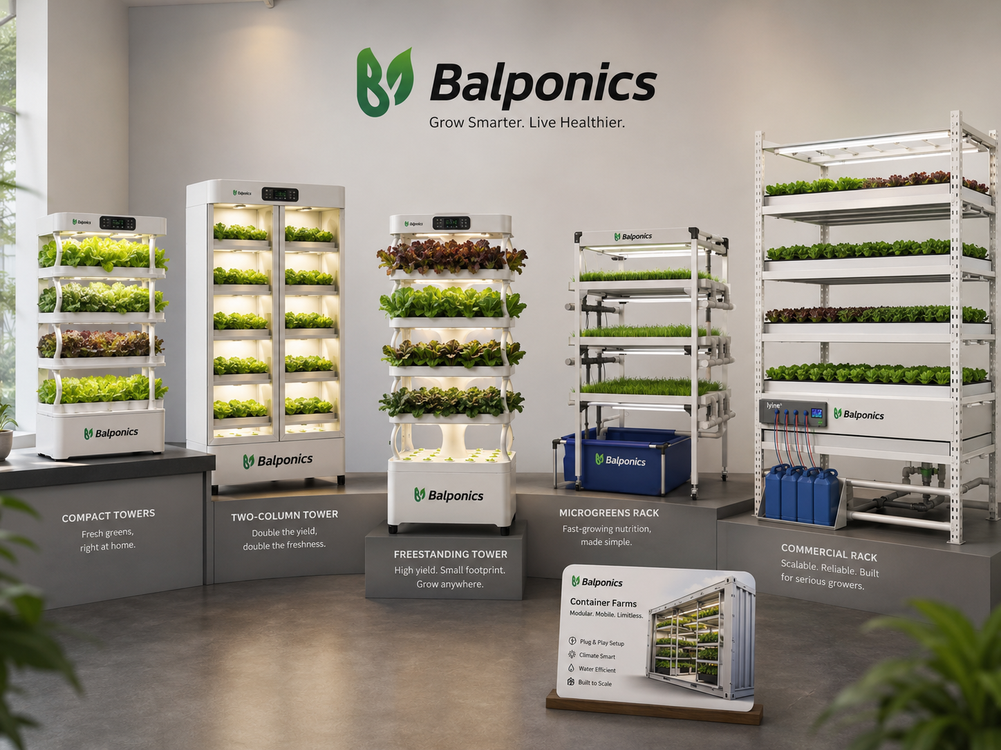 Balponics product showroom with towers and racks
