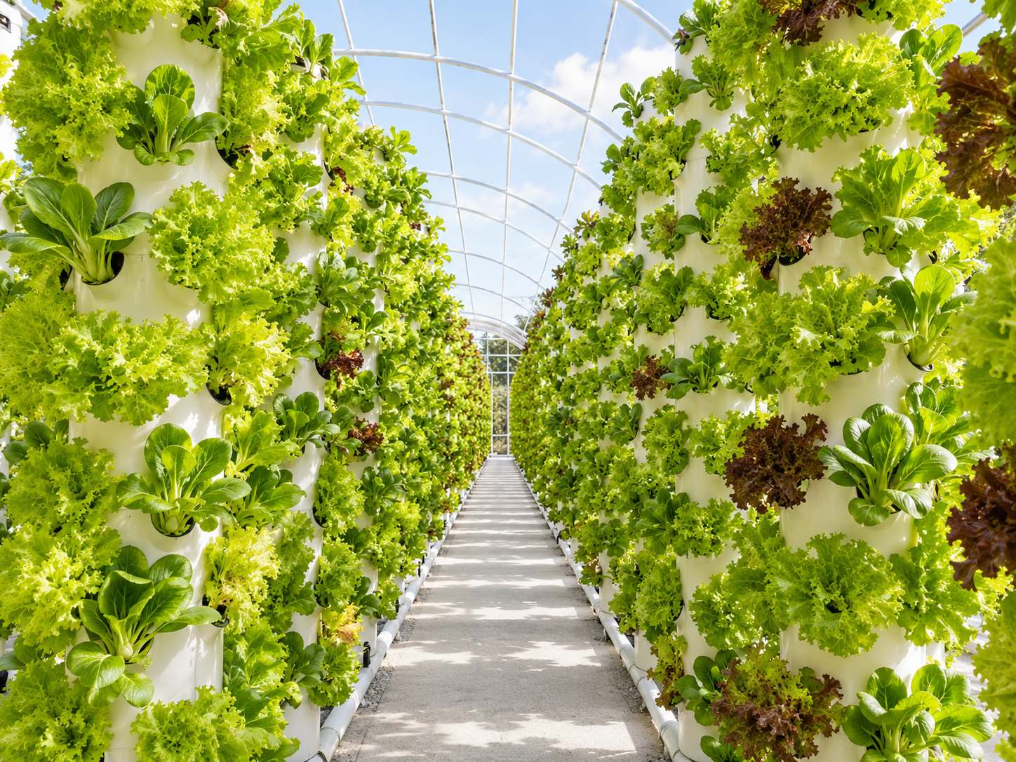 Vertical hydroponic tower aisle with leafy greens