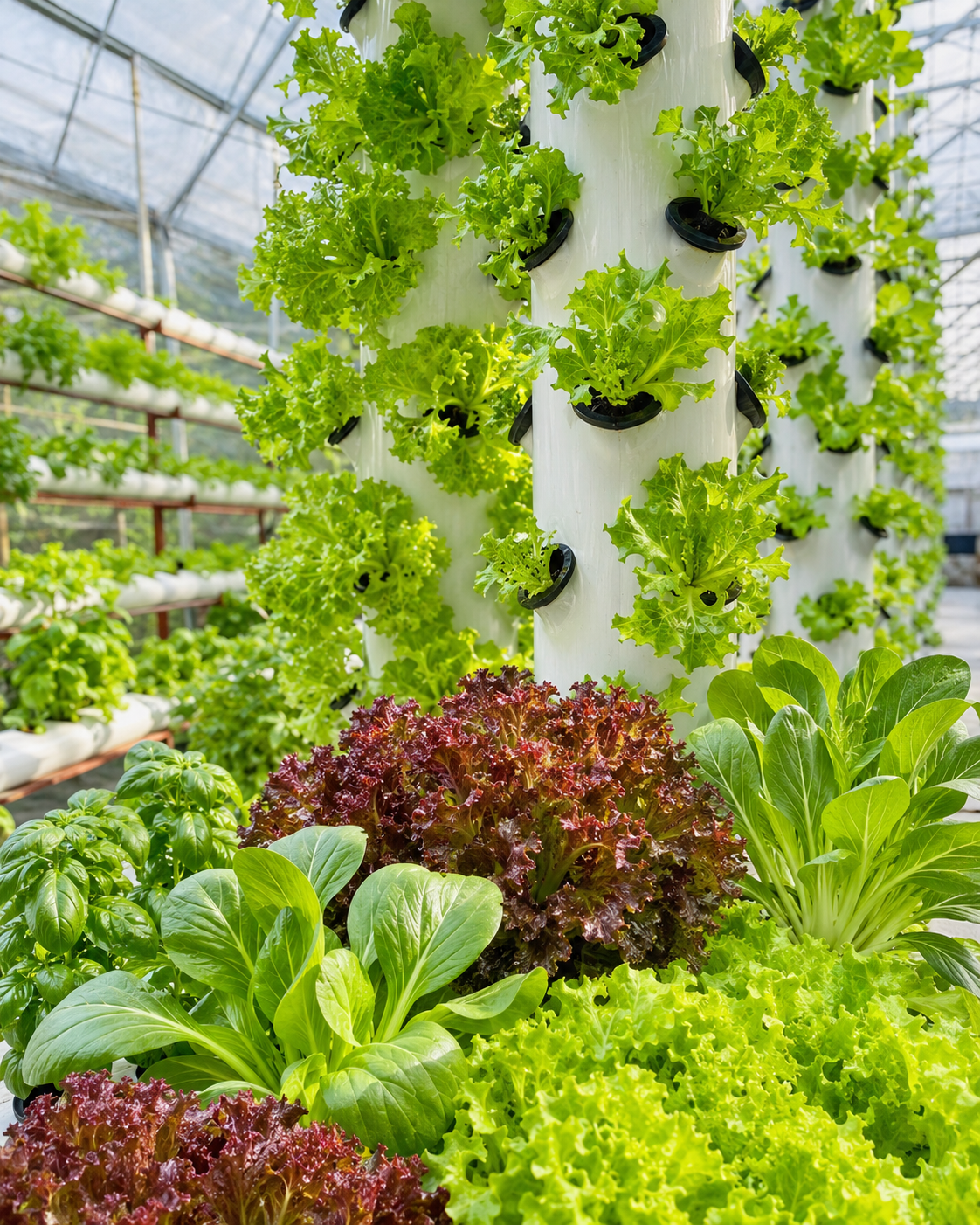 Close-up of leafy greens growing in vertical hydroponic towers